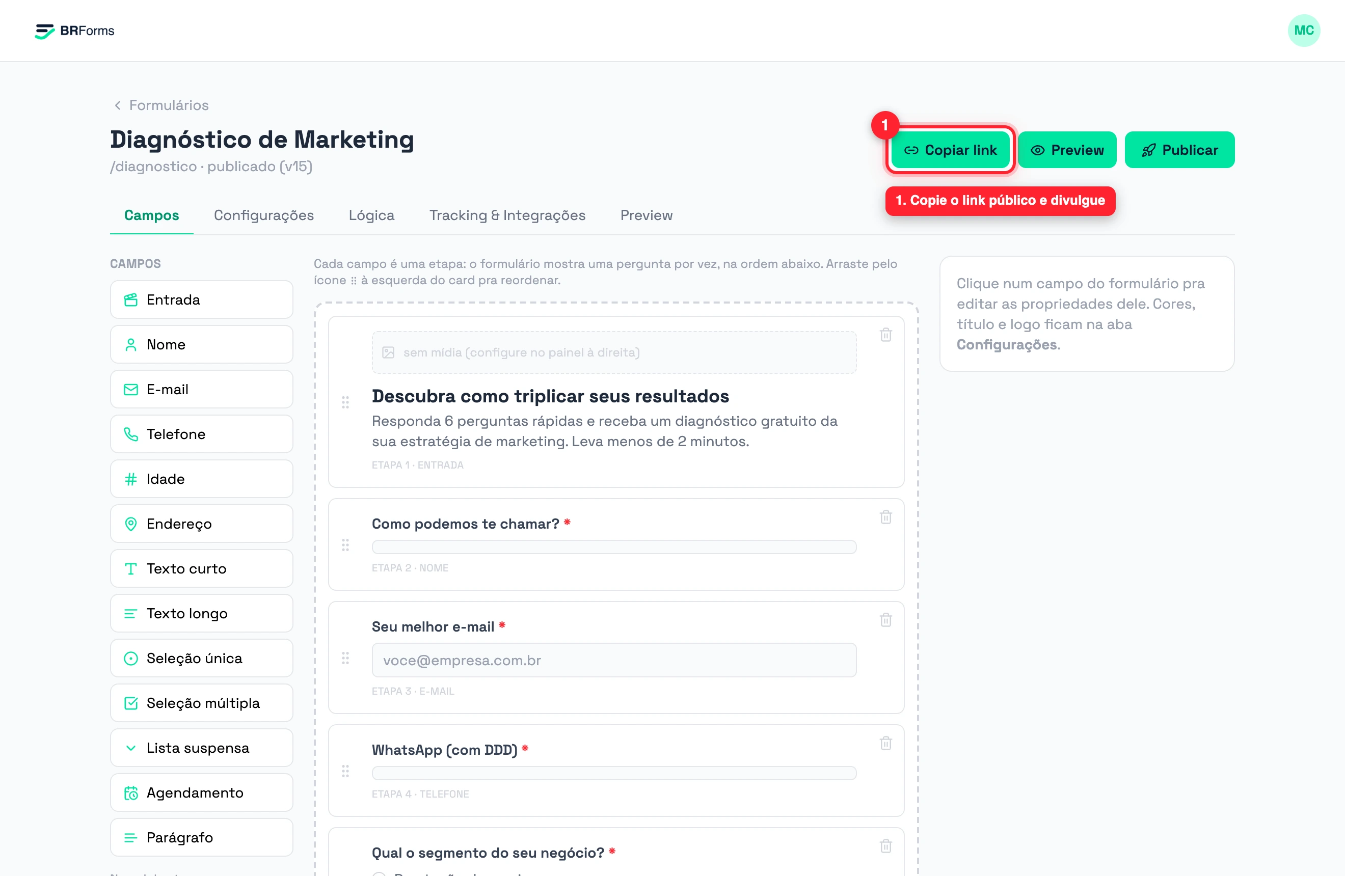 Editor com o botão Copiar link destacado
