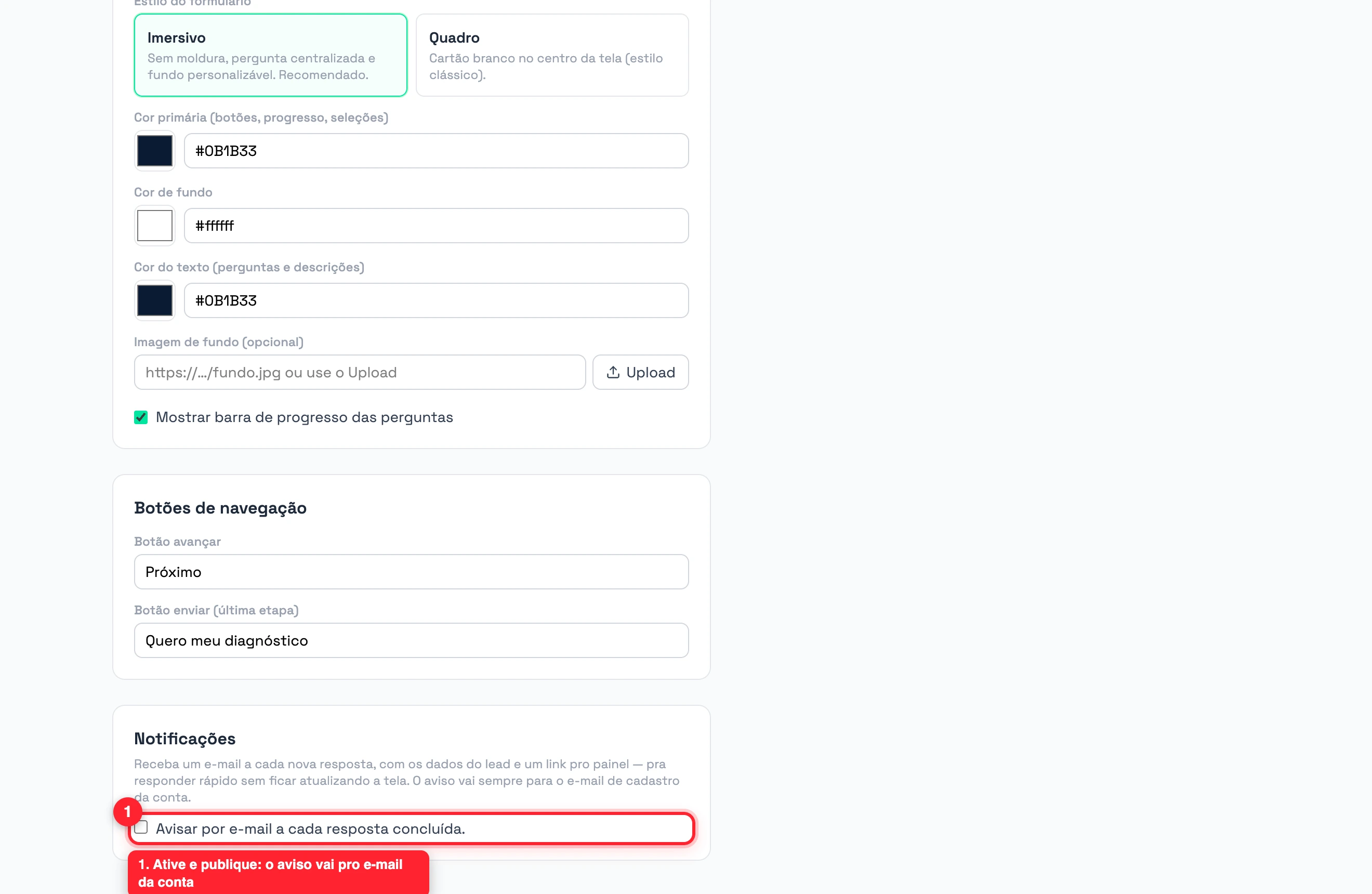 Seção de notificações nas configurações
