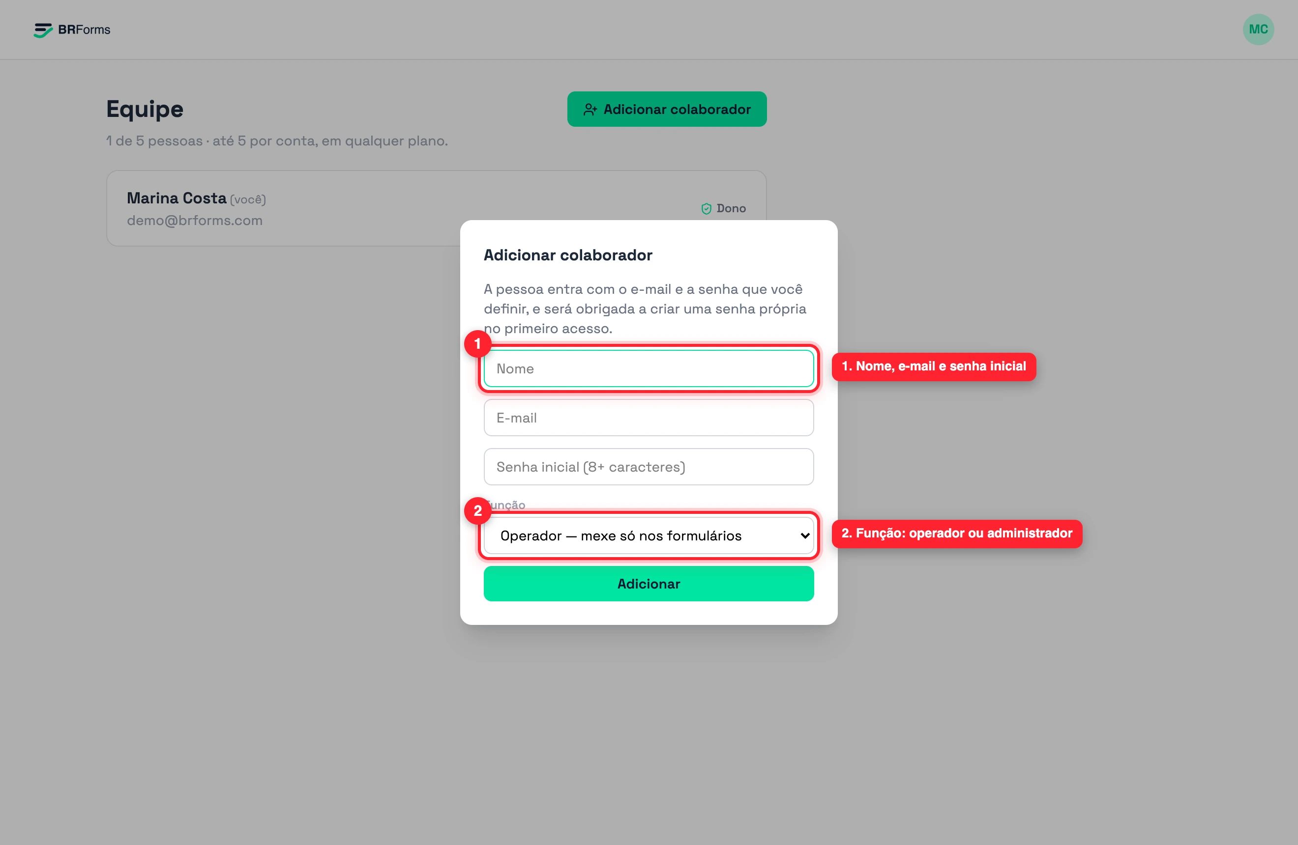 Modal de adicionar colaborador