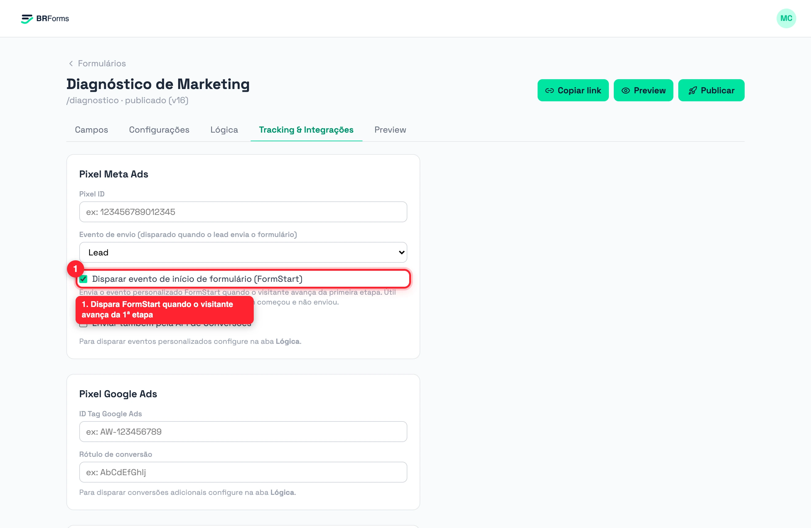 Checkbox do evento de início de formulário