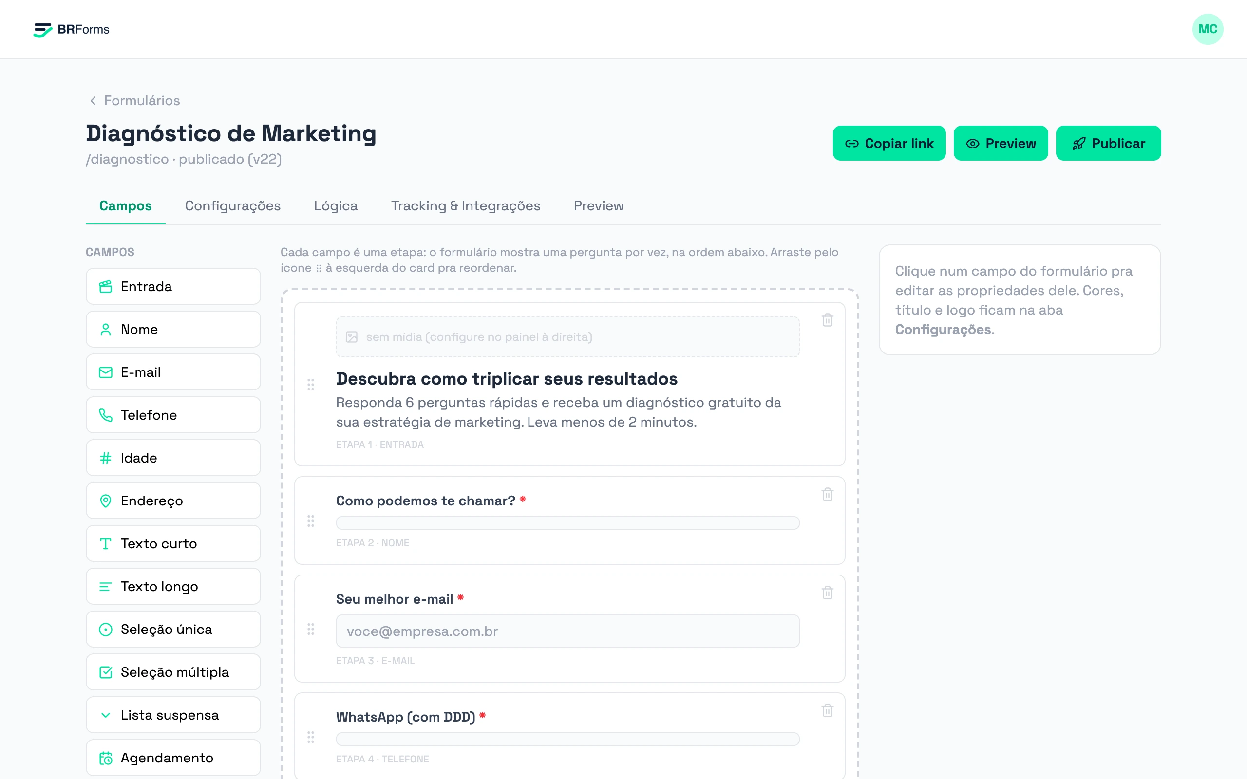 Editor do BRForms com um formulário multi-etapas