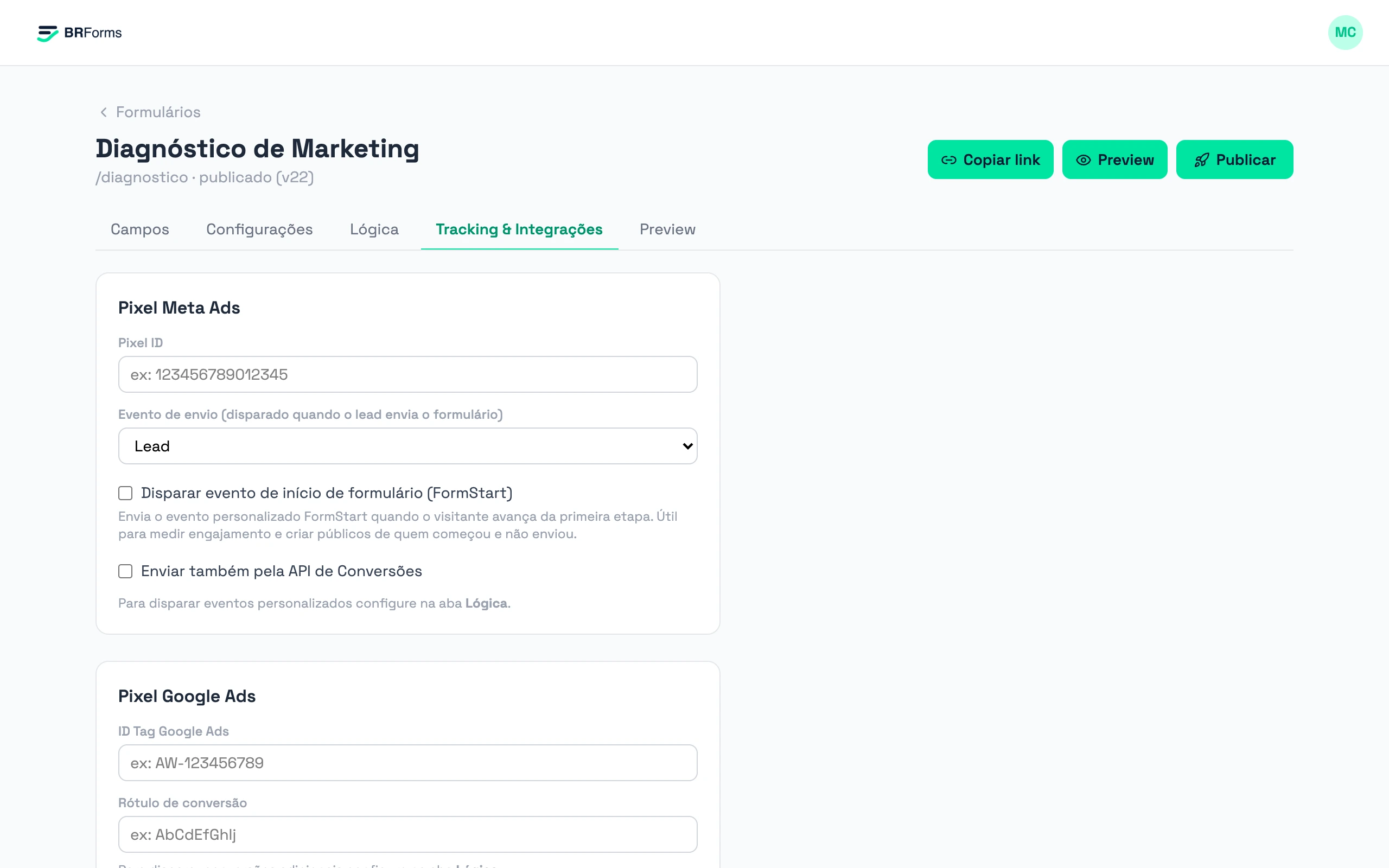 Aba de tracking e integrações do editor do BRForms